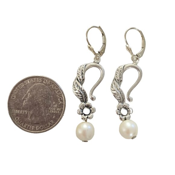 Sterling Silver Leaf Scroll Flower White Bead Dangle Lever Back Earrings, L90 - Picture 4 of 5